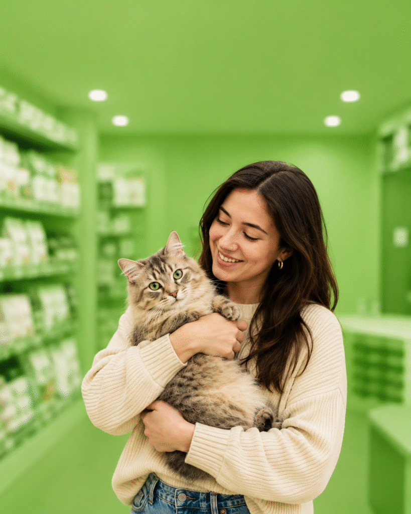Smiling woman holding her cat in a pet store aisle, choosing sustainable pet-care products on a budget