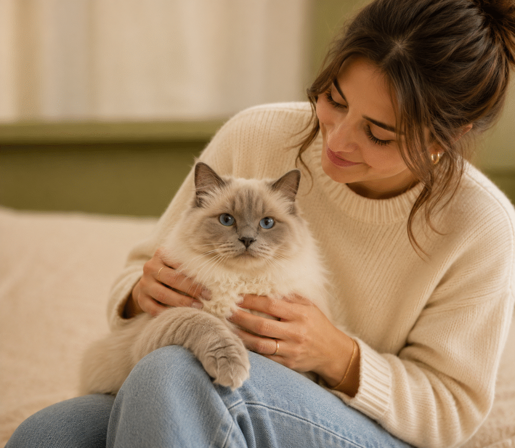 Woman cuddling her Ragdoll cat at home, representing the daily bond between UK cat owners and their pets