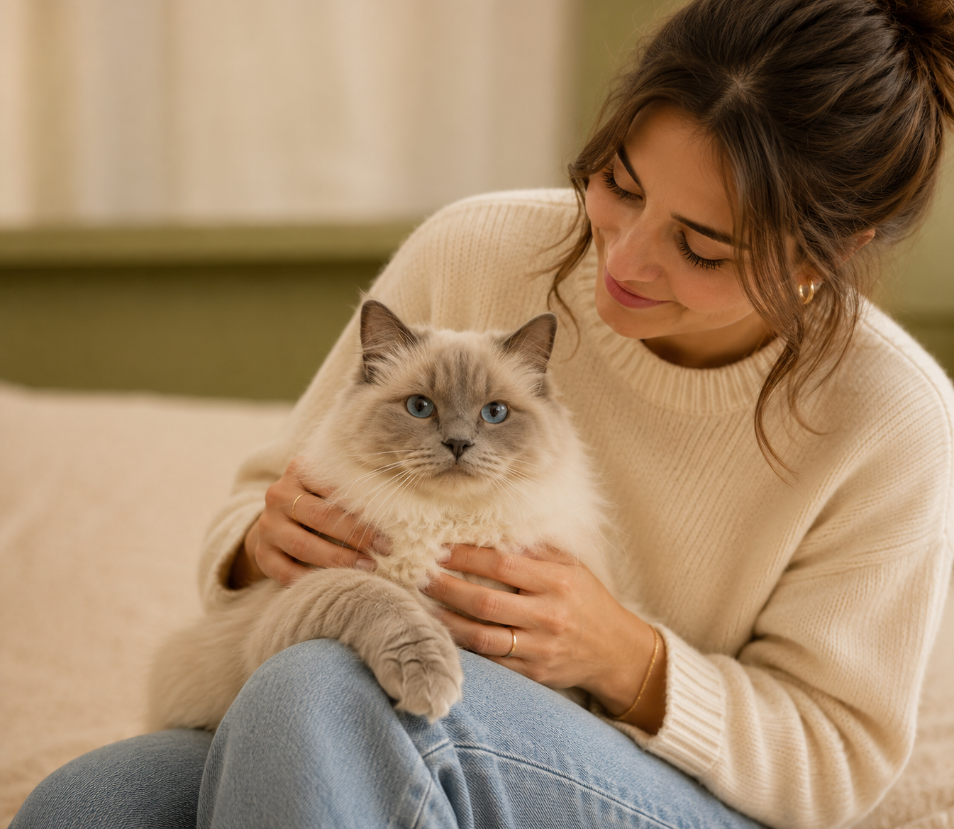 Woman cuddling her Ragdoll cat at home, representing the daily bond between UK cat owners and their pets