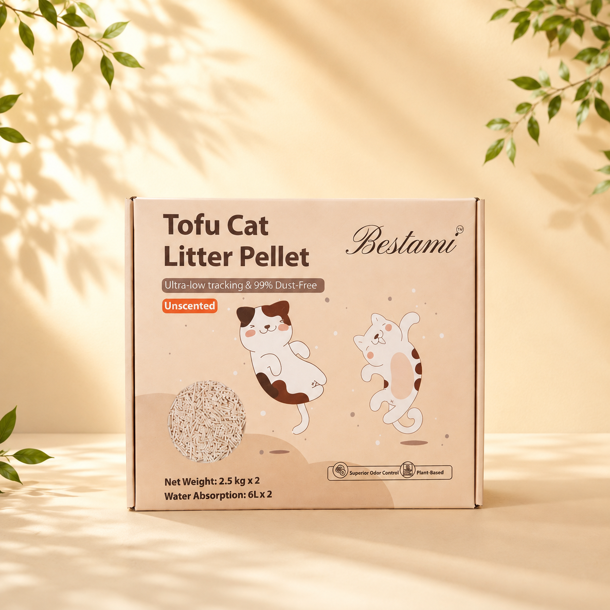 Bestami Tofu Cat Litter box showing Superior Odor Control and Plant-Based claims