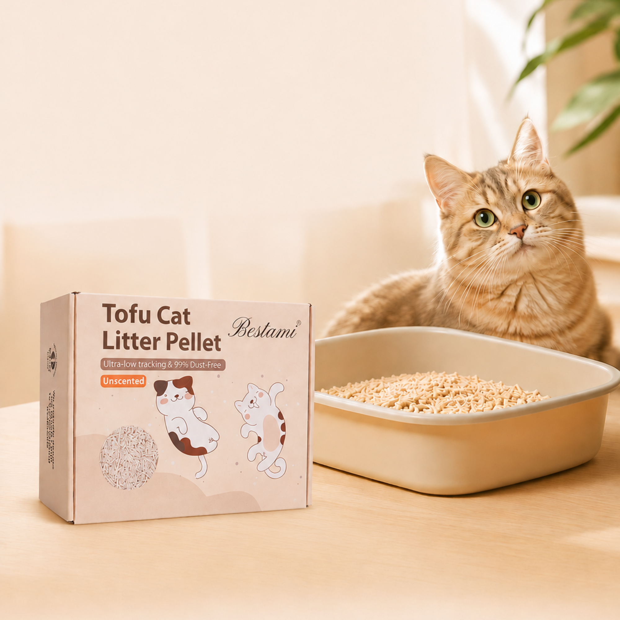 Bestami tofu cat litter box next to a cat sitting beside a filled litter tray